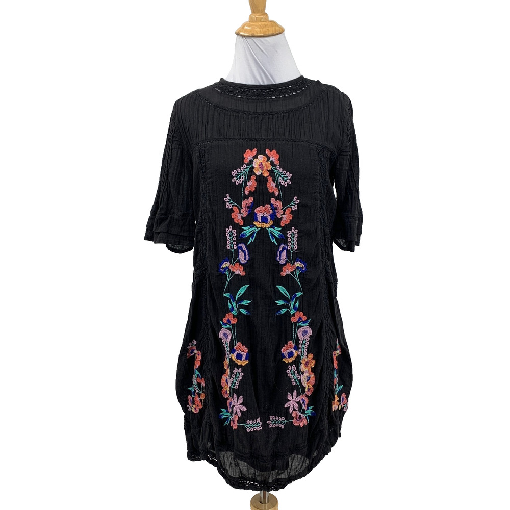 Free People Dress Womens XS Black Perfectly Victorian Mini Floral Embroidered